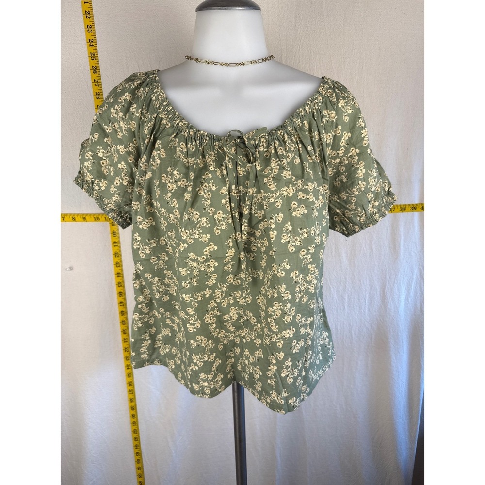 Melrose and Market Peasant Top Womens S Green Good Condition Floral Cotton Puff